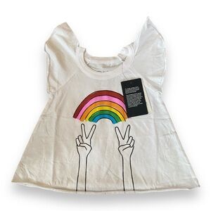 Chaser White Rainbow Peace T Shirt Girl’s Size 3 NWT Flutter Sleeves Swing Tee